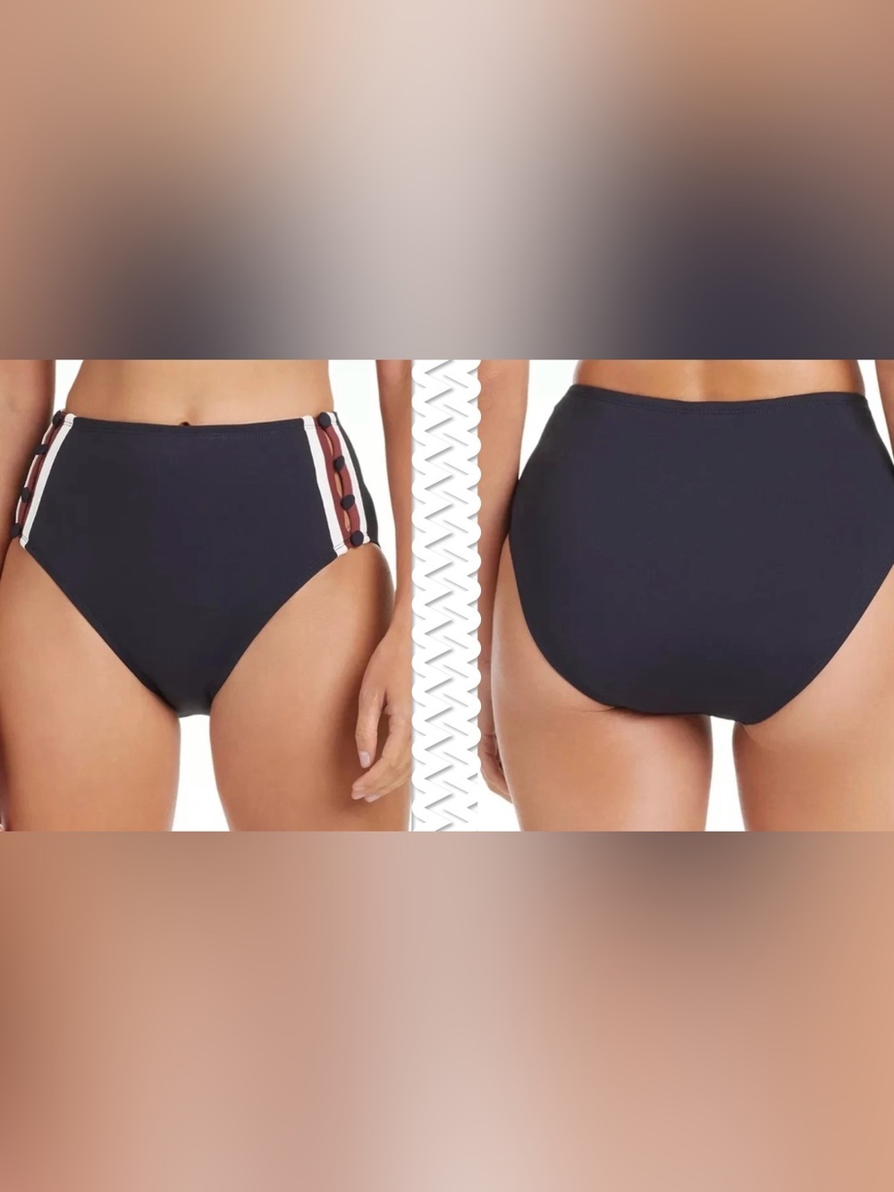 Bleu Rod Beattie Black High-Waist Bikini Bottoms with Brown & White Side Stripe